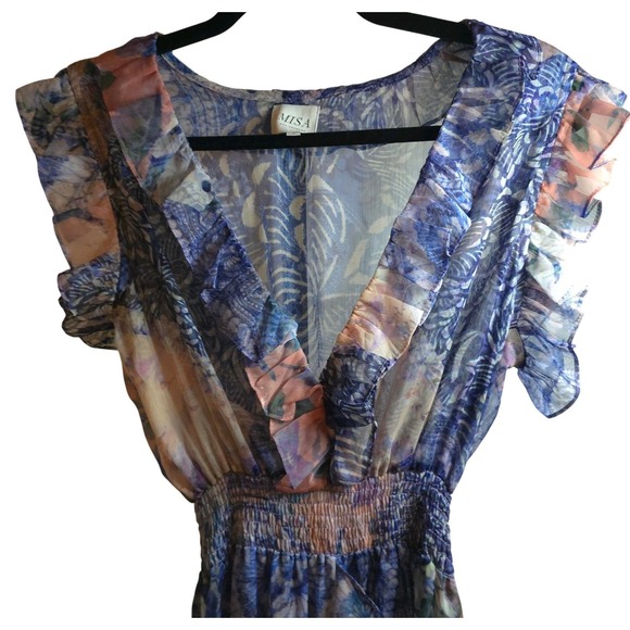 MISA Los Angeles Boho Patchwork Floral Ruffle Maxi Dress V-Neck - Picture 10 of 12